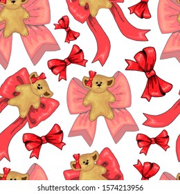 fun seamless pattern texture design bears for child themes on white background vector image. cute teddy bears. brown wool, bead eyes, bows on the ears. red big bow. simple style, flat style. vector 