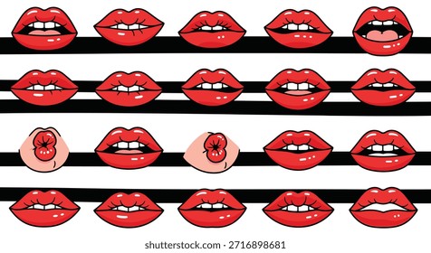 Fun seamless pattern of vibrant red lips with different expressions arranged over a bold black and white horizontal striped background.