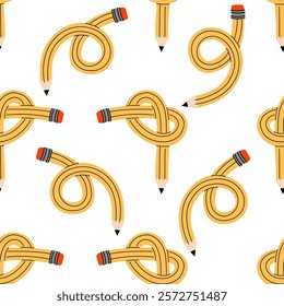 A fun seamless pattern with yellow pencils. Bent, knotted, twisted crayons. Back to school print.