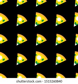 Fun seamless repeat pattern with slice of pizza on the black background. Food ornament for cards, flyers, posters, banners, packaging, wrapping paper. Vector illustration