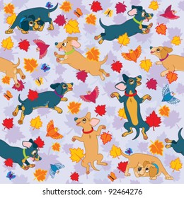 Fun seamless repeating wallpaper with fall leaves and Sausage dogs
