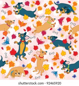 Fun seamless repeating wallpaper with fall leaves and Sausage dogs