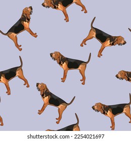 Fun seamless standing Bloodhound, square pattern. Blue. Seamless dog pattern, holiday texture. Packaging, textile, decoration, wrapping paper. Trendy hand-drawn funny breed wallpaper. Side view.