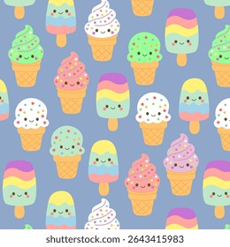 Fun seamless vector of colorful ice creams and frozen treats. Great for summer projects, kids' parties, and wall art.