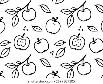 Padrão de vetor sem emenda divertido com maçãs desenhadas à mão, ramos, folhas, sementes em estilo de doodle mínimo. Perfeito para o design de alimentos saudáveis, têxteis das crianças, embalagem, cozinha, papel de parede, outono e educação