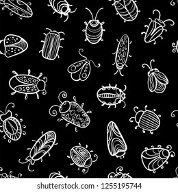 A fun seamless vector pattern with illustrations of beetles on black background