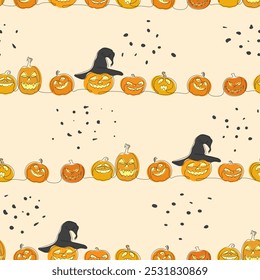 Fun seamless vector pattern with pumpkins in one line for Halloween