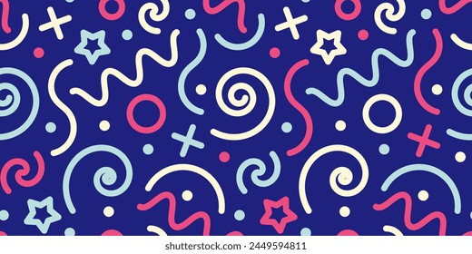 Fun seamless wallpaper with colorful line shapes. Kids party confetti. Simple trendy backdrop. Abstract minimalist style background. Naive doodle art. Childish scribbles.