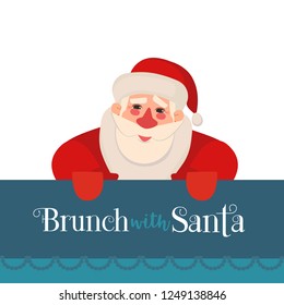 Fun seasonal poster. Cartoon comic Santa Claus icon. Fun and breakfast Christmas enjoy for kids. Family togetherness on holiday celebration flyer background. Vector New Year eve menu banner template