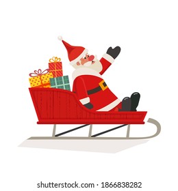 Fun seasonal vector icon. Cartoon comic Santa Claus cartoon illustration. Cute Santa in Christmas Sleigh with presets. Holiday celebration enjoy flyer background. New Year eve greeting banner template