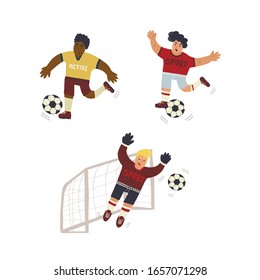 Fun set of 3 players - goalkeeper and forward or defender in boots and uniform in different poses runs to the ball and block it. Hand drawn vector isolated illustration.