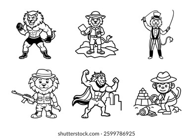 A fun set of cartoon characters and animals, including a boy, cat, bear, and other playful figures, perfect for a children's coloring book or illustration