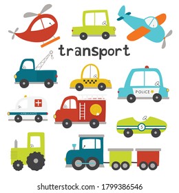 A fun set of colourful vehicle illustrations, 
cars, planes, train and tractor and more .