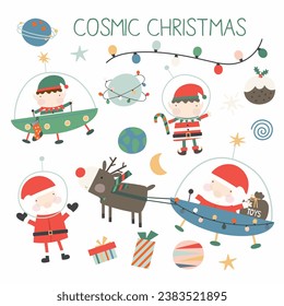 A fun set of cosmic christmas vector illustrations, featuring Santa, reindeers, elves, aliens and other coordinating elements.
Created in a fun colour palette.
Great for kids.