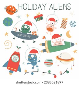 A fun set of cosmic christmas vector illustrations, featuring Santa, reindeers, elves, aliens and other coordinating elements.
Created in a fun colour palette.
Great for kids.