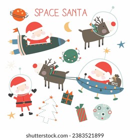 A fun set of cosmic christmas vector illustrations, featuring Santa, reindeers, elves, aliens and other coordinating elements.
Created in a fun colour palette.
Great for kids.