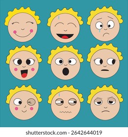 A fun set of expressive cartoon faces featuring a blonde-haired character on a blue background. Each face shows a different emotion, including happiness, sadness, fear, surprise, and mischief.