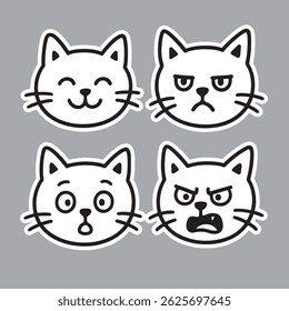 A fun set of four black and white cartoon cat face illustrations showing different emotions.