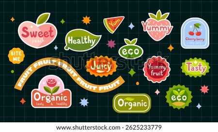 A fun set of fruit stickers in a cartoon style. Labels for fruit with inscriptions.  Ideal for packaging, posters, menus, social media or children's designs.