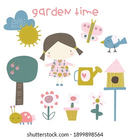 A fun set of garden vector illustrations, with little girl gardener and spring flowers.