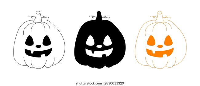 Fun set of jack o lanterns with large drooping eyes and toothy grins. Includes detailed line art and solid silhouettes in black and orange.