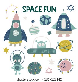 A fun set of outer space illustrations, includes spaceships and ufo, alien, planets and stars.