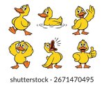 A fun set of six yellow duckling characters in various playful poses. The collection includes a duck swimming, feeling dizzy, and celebrating. Vector Illustration