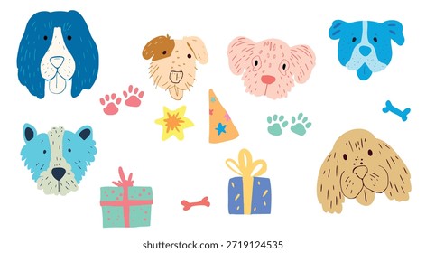 Un divertido conjunto de pegatinas de Vector con adorables perros celebrando un cumpleaños, hecho en un estilo de arte encantador e ingenuo.