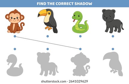 Fun shadow matching activity for kids, cute animals. Educational worksheet in clean black and white style to develop attention and logic. Great for printable books, homeschooling