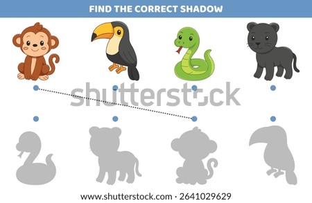 Fun shadow matching activity for kids, cute animals. Educational worksheet in clean black and white style to develop attention and logic. Great for printable books, homeschooling