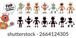 Fun shadow-matching puzzle with colorful cartoon robots. Kids must find the correct shadow for each robot. Educational and entertaining visual game for children. Funny cartoon characters. Vector Set