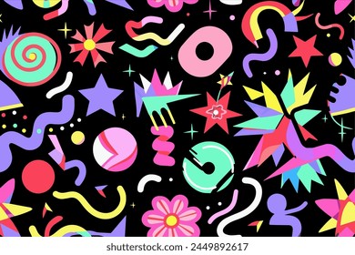 Fun shapes children seamless pattern. Flower geometric neon bright color funky groovy 90s cartoon isolated print pattern. Vector illustration on black background