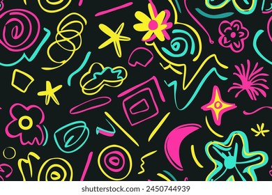  Fun shapes children seamless pattern. Flower geometric neon bright color funky groovy 90s cartoon isolated print pattern. Vector illustration on black background.