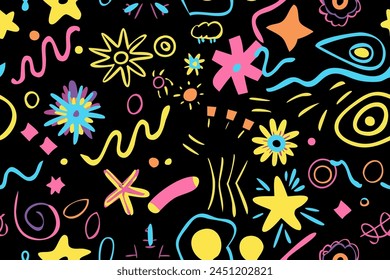 Patrón sin fisuras de Formas divertidas para niños. Flor geométrica de neón de color brillante funky groovy 90 dibujos animados aislado patrón de impresión. Ilustración vectorial sobre fondo negro