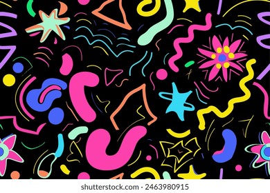  Patrón sin fisuras de Formas divertidas para niños. Flor geométrica de neón de color brillante funky groovy 90 dibujos animados aislado patrón de impresión. Ilustración vectorial sobre fondo negro