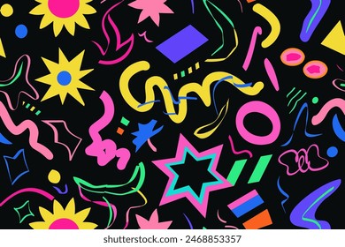  Patrón sin fisuras de Formas divertidas para niños. Flor geométrica de neón de color brillante funky groovy 90 dibujos animados aislado patrón de impresión. Ilustración vectorial sobre fondo negro