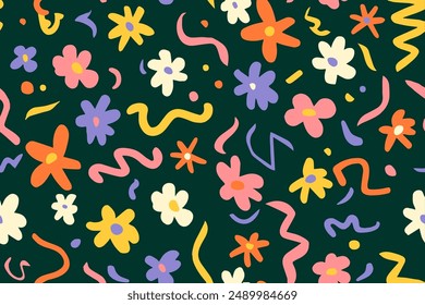  Fun shapes children seamless pattern. Flower geometric neon bright color funky groovy 90s cartoon isolated print pattern. Vector illustration on black background