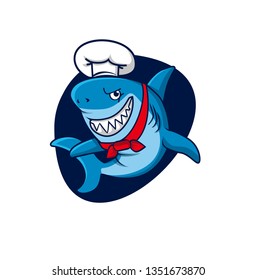 Fun Shark Mascot character logo template, with playful shark party and food