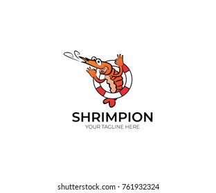 Fun Shrimp Logo Template.  Cartoon Seafood Vector Design. Sea Life Line Colorful Illustration