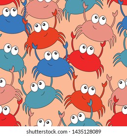 Fun and silly Crab Beach Seamless vector pattern. Hand drawn elements make up this unique pattern. Perfect for fabrics, towels, pillows, scrapbooking, gift wrap and more!    