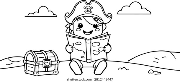 A fun and simple black and white coloring page design for kids featuring a happy little pirate child wearing a hat and reading a treasure map next to an old wooden chest on a sunny island landscape scene.