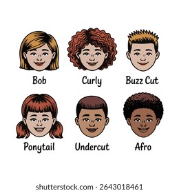 Fun and simple chart showing various hair styles such as bob cut, ponytail, curly, bun, braids, and pixie cut. Perfect for beauty, salon, hairstyle guides, or fashion content