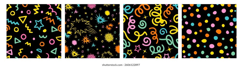 Fun simple colorful set pattern on black background. hand drawing. Not AI, Vector illustration