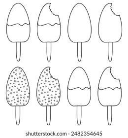 A fun and simple coloring page featuring various ice cream popsicles. Perfect for kids and adults to enjoy creative coloring.