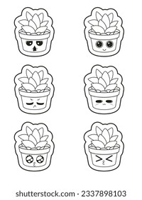 Fun simple flower pots with various stylized emoji. Vector cute spokes isolated from white background. 