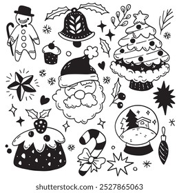 A fun and simple hand drawn Christmas doodle featuring Santa Claus, a Christmas tree, a gingerbread man, festive bells, and holiday treats in a minimalist style