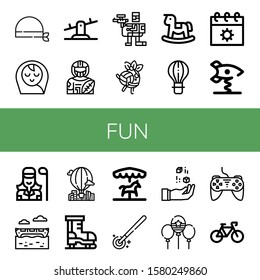 fun simple icons set. Contains such icons as Bandana, Baby boy, Seesaw, American football player, Paintball, Volleyball, Rocking horse, Hot air balloon, can be used for web, mobile and logo