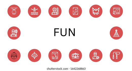 fun simple icons set. Contains such icons as Claw machine, Waterpark, Snowboarder, Air hockey, Bungee jumping, Entertainment, Monkey, Spinning top, can be used for web, mobile and logo