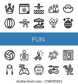 fun simple icons set. Contains such icons as Hookah, Beach ball, Summer, Paintball gun, Waterpark, Sandbox, Bowling pins, Balloon, Bean bag, can be used for web, mobile and logo