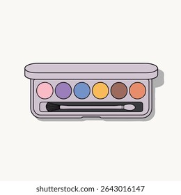 Fun and simple illustration of an eyeshadow palette with colorful shades and a small applicator brush. Perfect for beauty, makeup, and cosmetic-related designs.